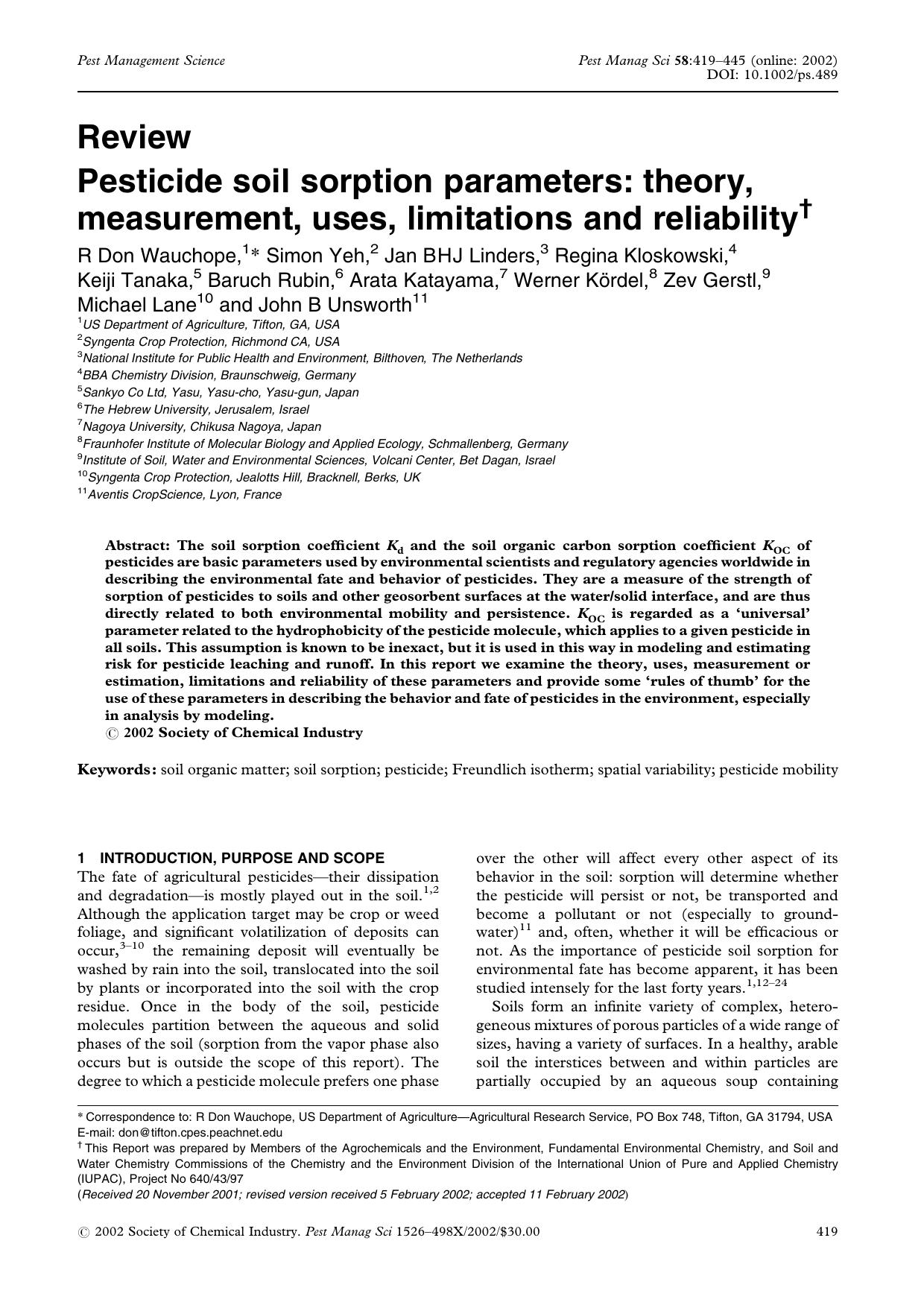 Pesticide soil sorption parameters: theory, measurement, uses, limitations and reliability by Unknown