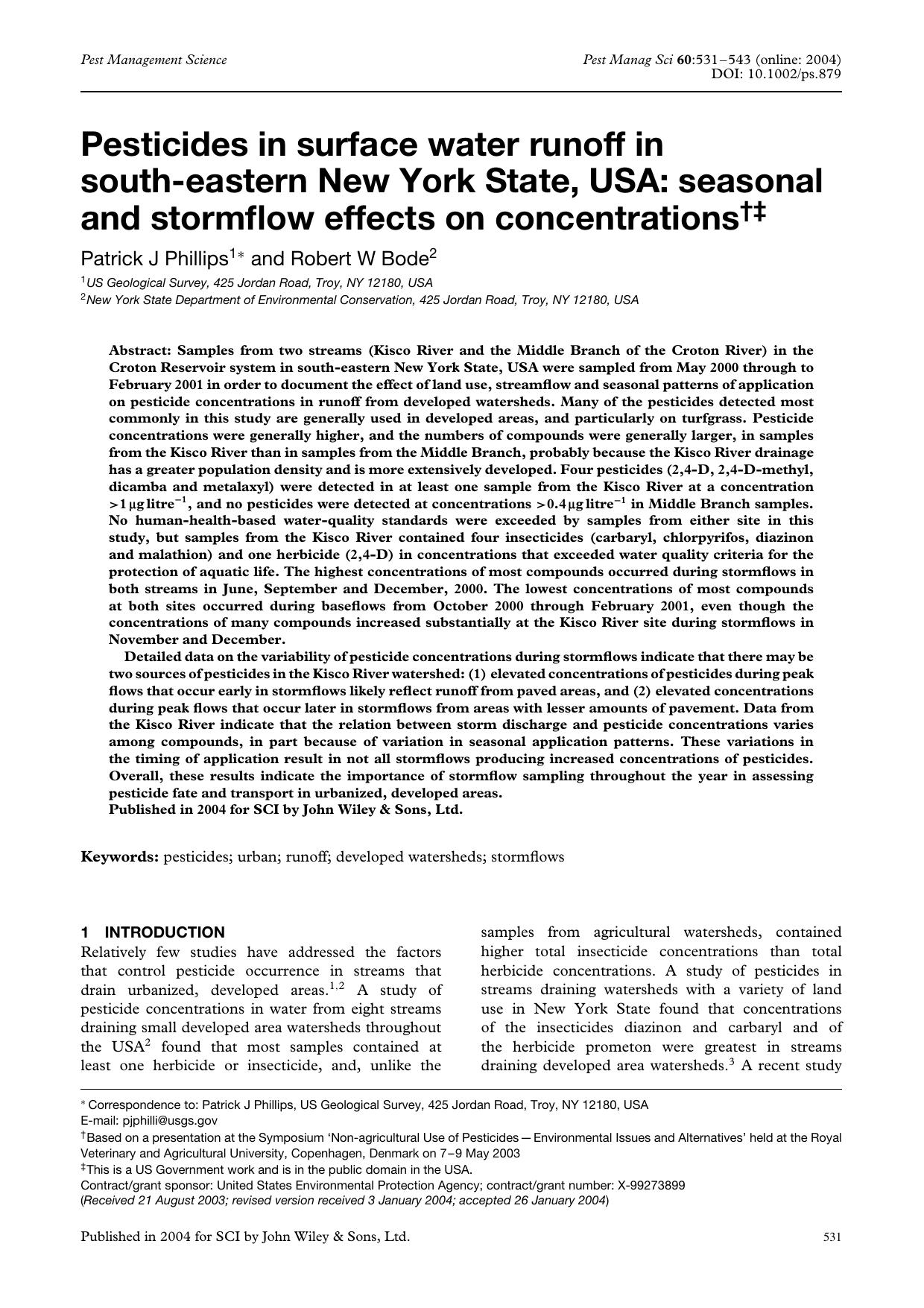 Pesticides in surface water runoff in south-eastern New York State, USA: seasonal and stormflow effects on concentrations by Unknown