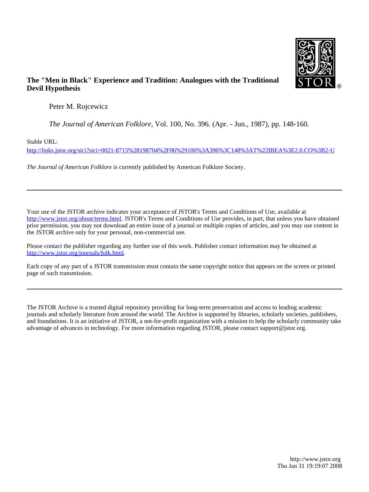 Peter M. Rojcewicz - The Men in Black Experience and Tradition by Analogues & the Traditional Devil Hypothesis