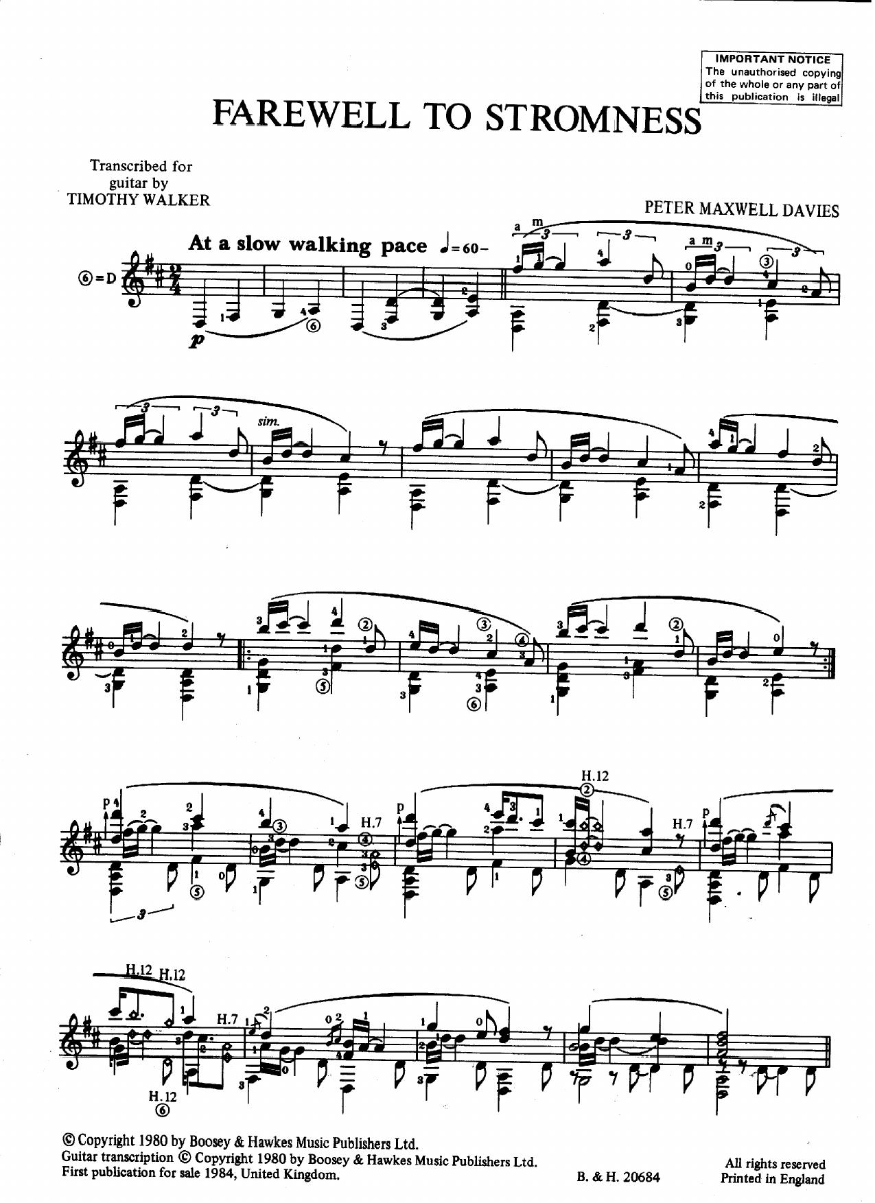 Peter Maxwell Davies by Farewell To Stromness (guitar sheet)