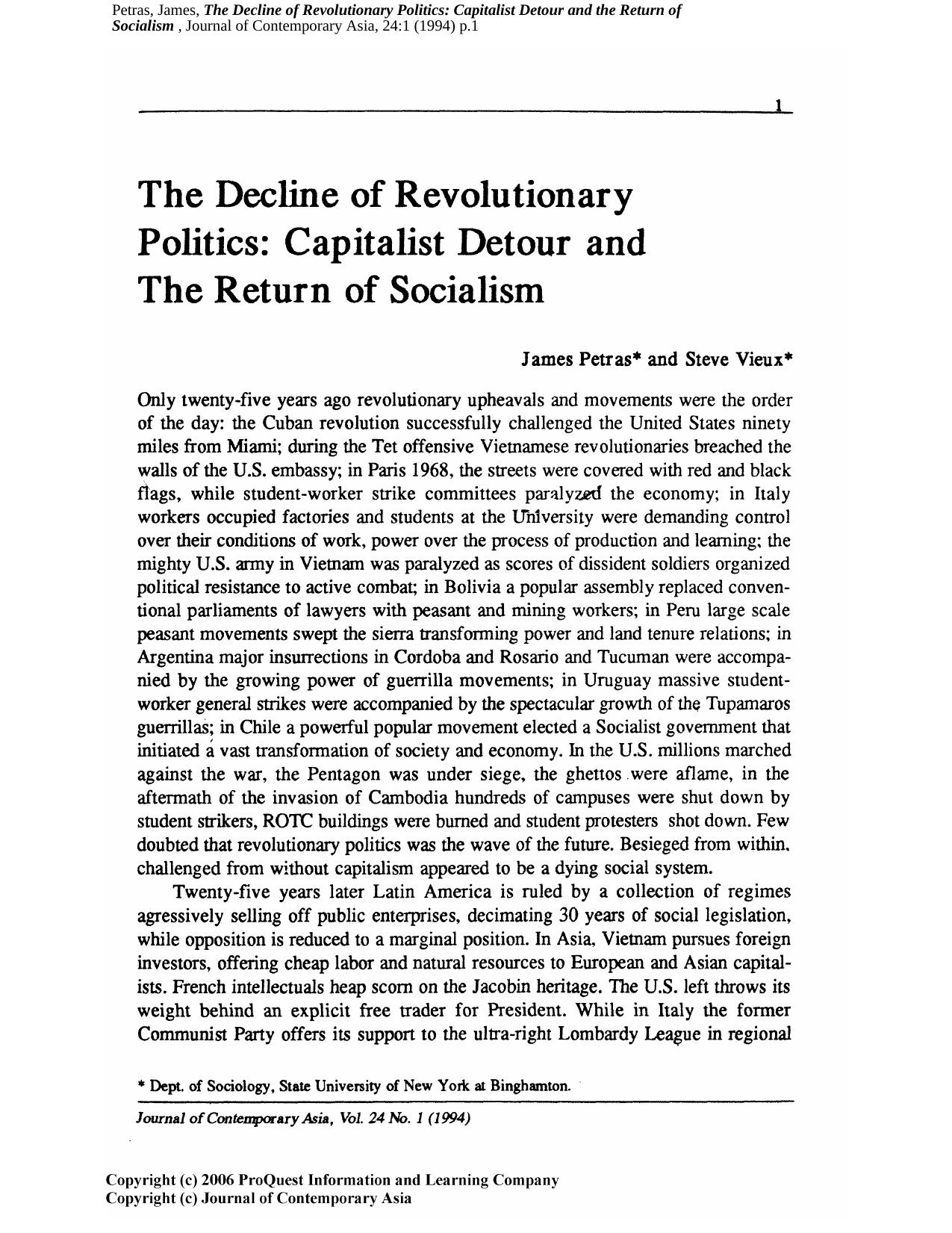 Petras and Vieux - The Decline of Revolutionary Politics by Capitalist Detour & the Return of Socialism