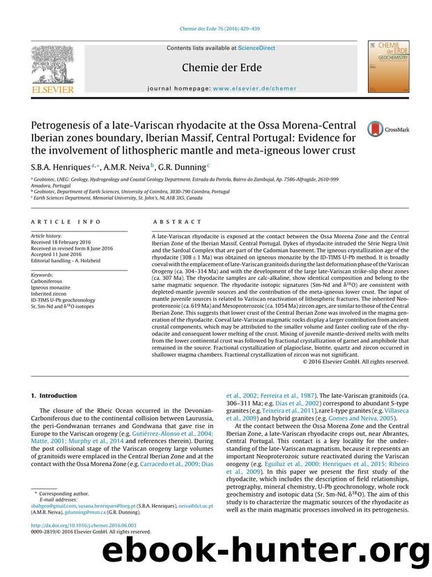 Petrogenesis of a late-Variscan rhyodacite at the Ossa Morena-Central Iberian zones boundary, Iberian Massif, Central Portugal: Evidence for the involvement of lithospheric mantle  by S.B.A. Henriques & A.M.R. Neiva & G.R. Dunning