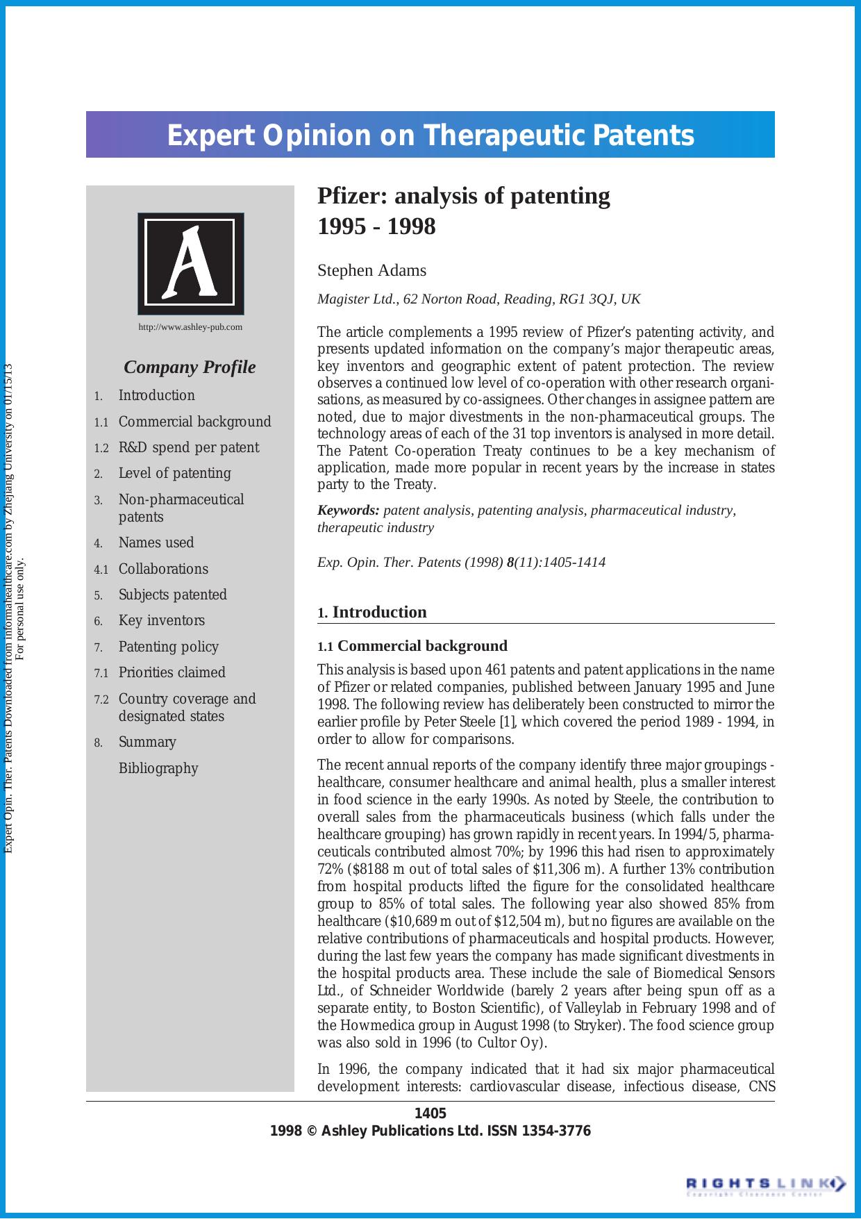 Pfizer: analysis of patenting 1995 - 1998 by Stephen Adams