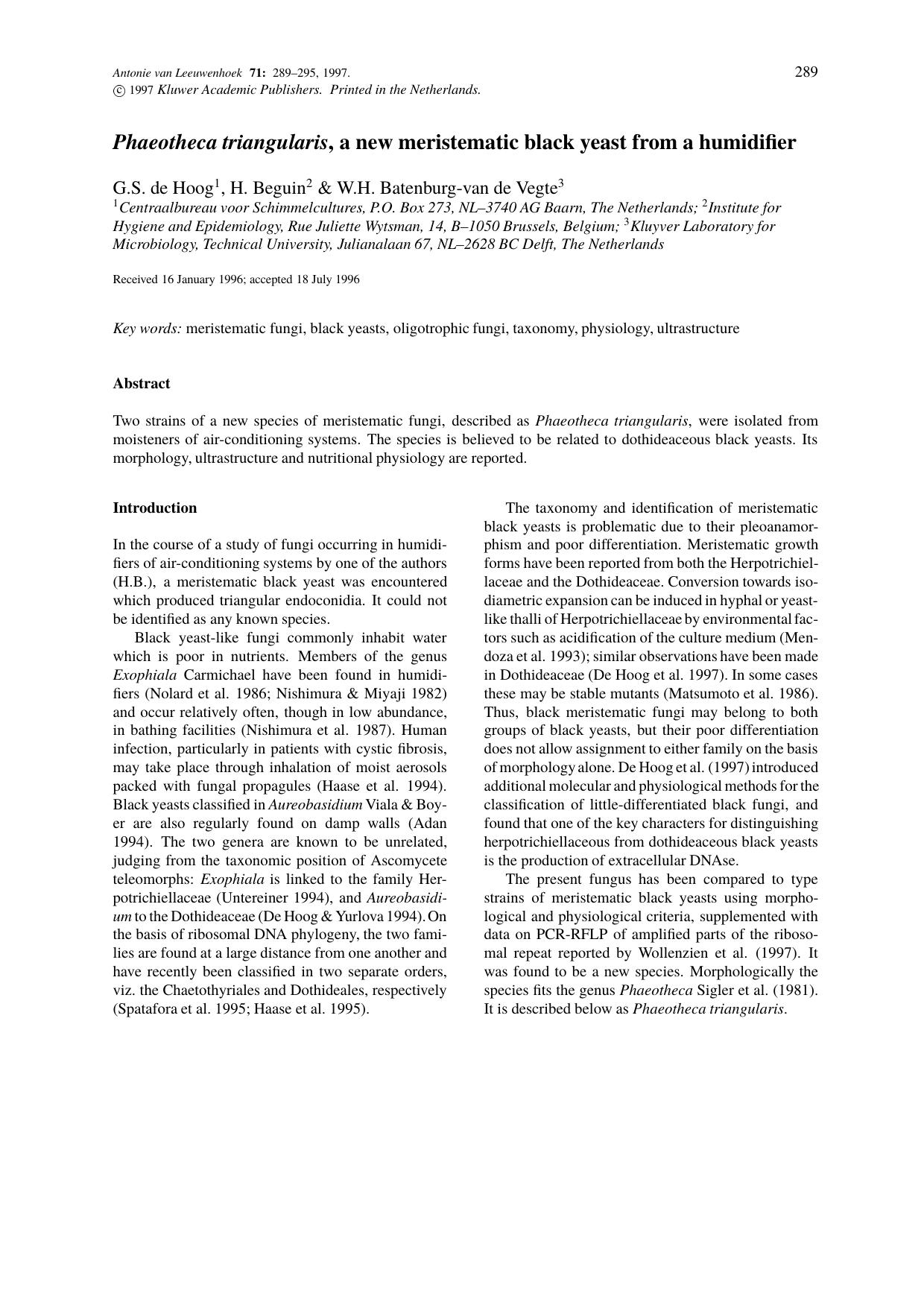 Phaeotheca triangularis, a new meristematic black yeast from a humidifier by Unknown