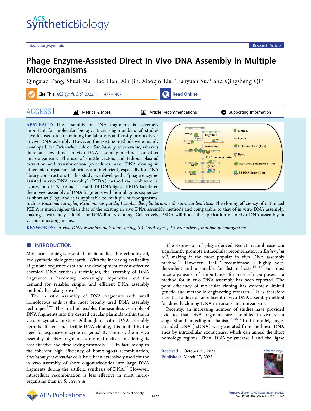 Phage Enzyme-Assisted Direct In Vivo DNA Assembly in Multiple Microorganisms by Qingxiao Pang Shuai Ma Hao Han Xin Jin Xiaoqin Liu Tianyuan Su and Qingsheng Qi