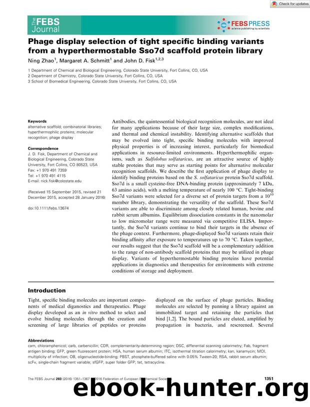 Phage display selection of tight specific binding variants from a hyperthermostable Sso7d scaffold protein library by Unknown