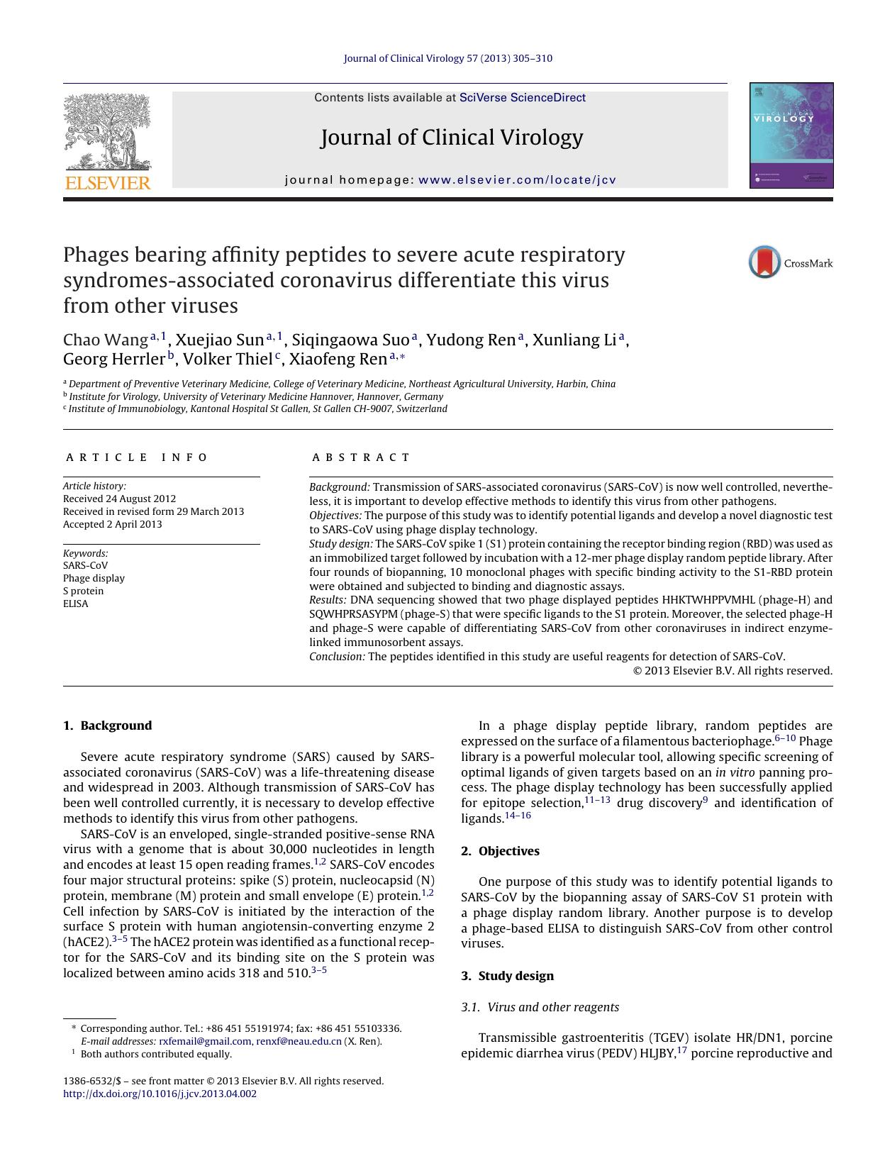 Phages bearing affinity peptides to severe acute respiratory syndromes-associated coronavirus differentiate this virus from other viruses by Chao Wang