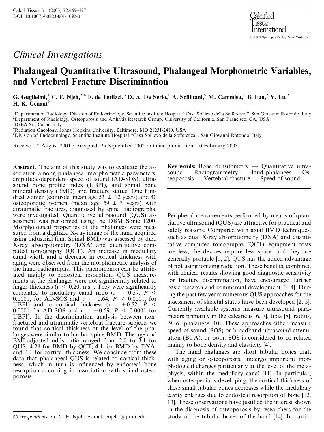 Phalangeal Quantitative Ultrasound, Phalangeal Morphometric Variables, and Vertebral Fracture Discrimination by Guglielmi G. et al