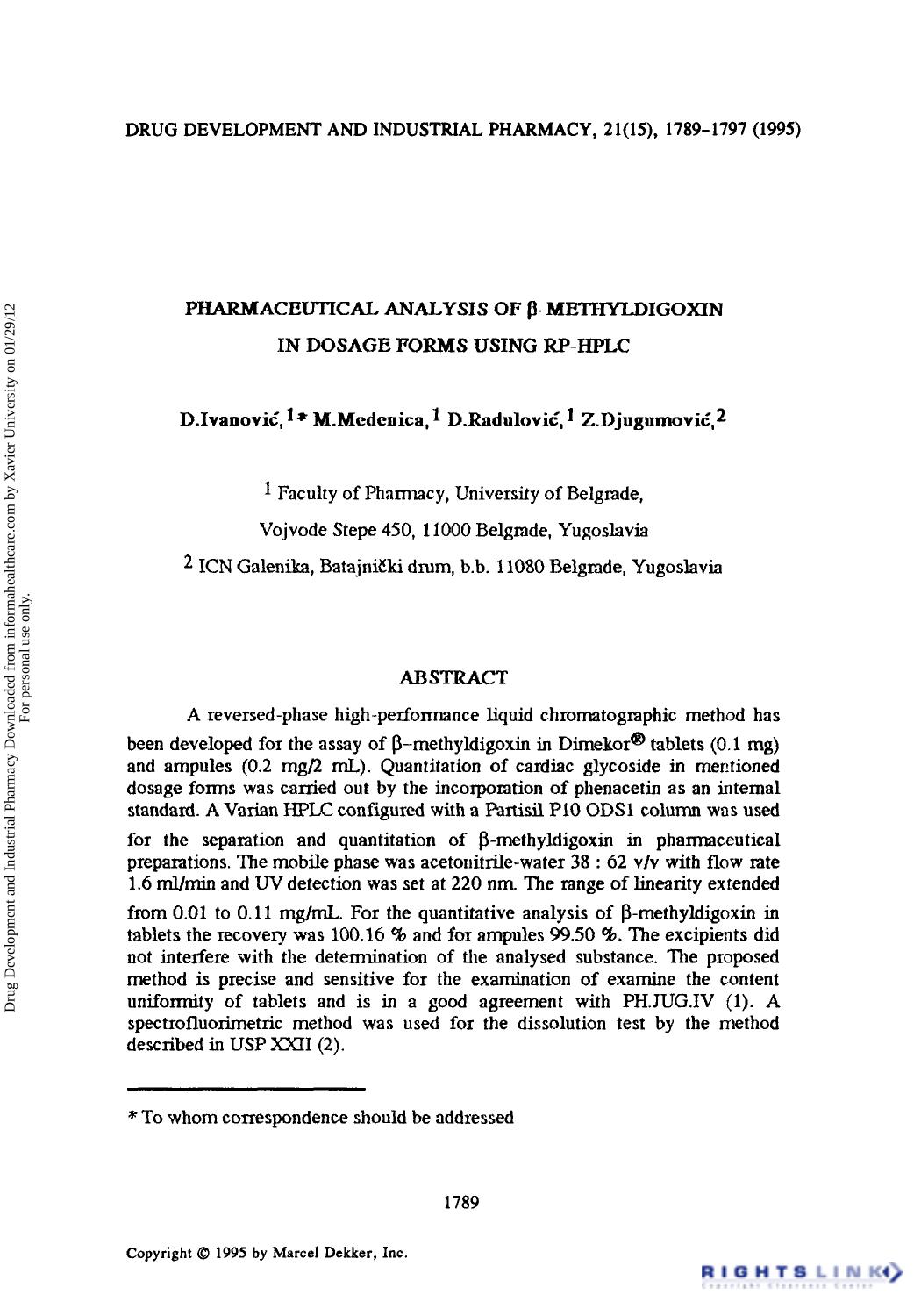 Pharmaceutical Analysis of Î²-Methyldigoxin in Dosage Forms Using RP-HPLC by D. Ivanović M. Medenica D. Radulović & Z. Djugumović