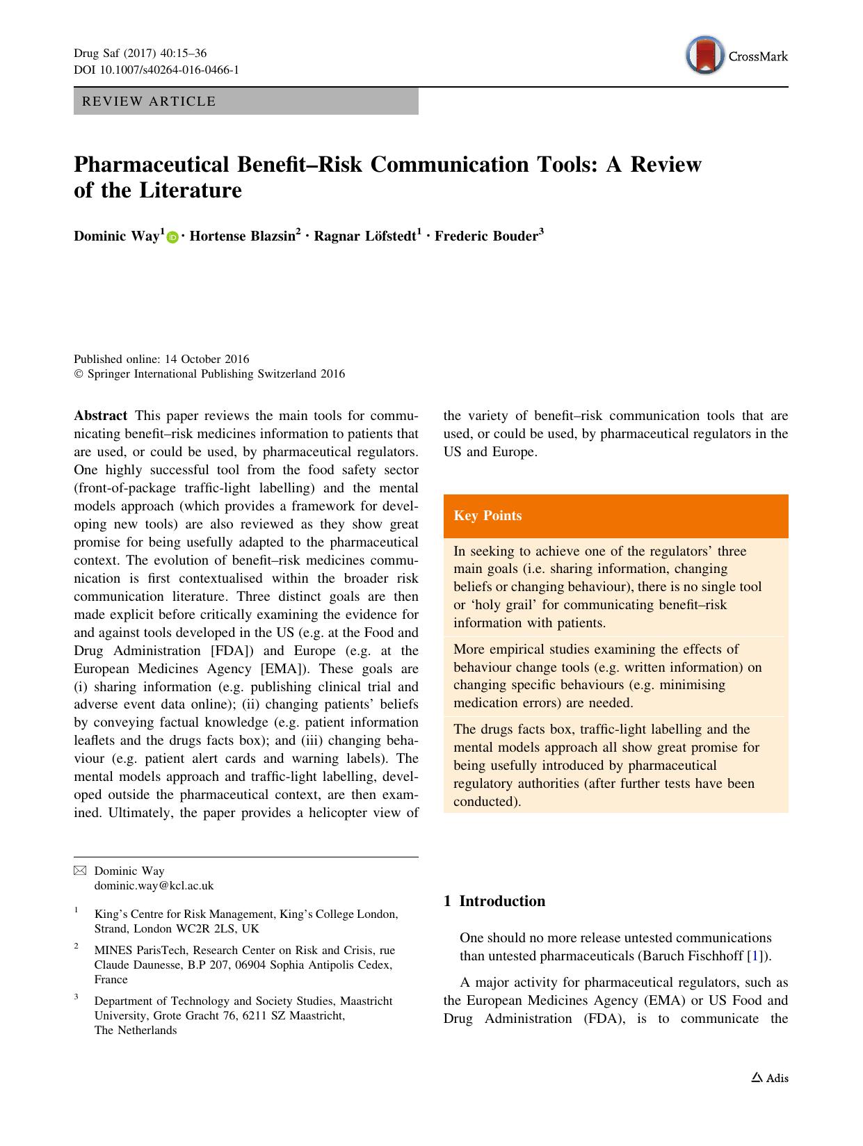 Pharmaceutical BenefitâRisk Communication Tools: A Review of the Literature by Dominic Way & Hortense Blazsin & Ragnar Löfstedt & Frederic Bouder