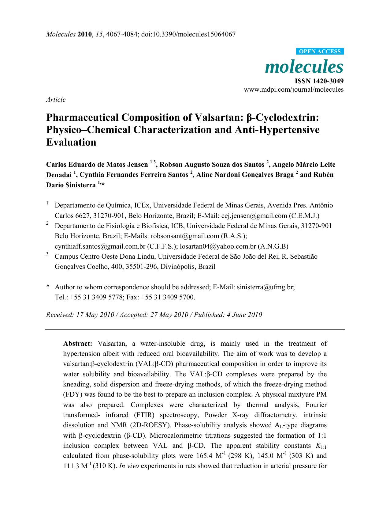 Pharmaceutical Composition of Valsartan: Î²-Cyclodextrin: PhysicoâChemical Characterization and Anti-Hypertensive Evaluation by unknow