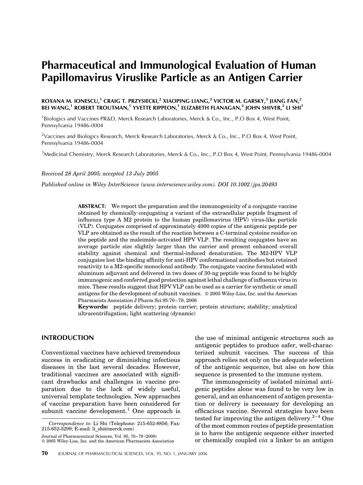 Pharmaceutical and immunological evaluation of human papillomavirus viruslike particle as an antigen carrier by Unknown