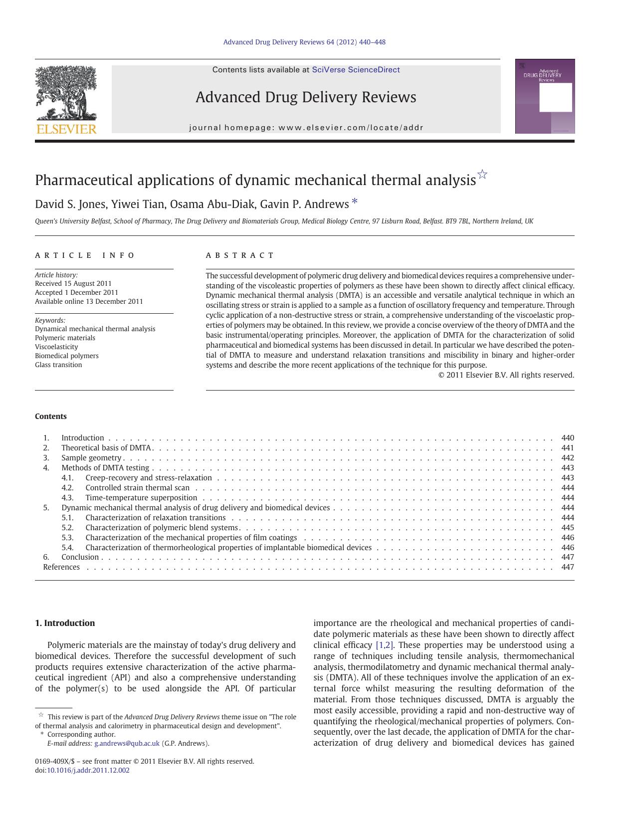Pharmaceutical applications of dynamic mechanical thermal analysis by David S. Jones & Yiwei Tian & Osama Abu-Diak & Gavin P. Andrews