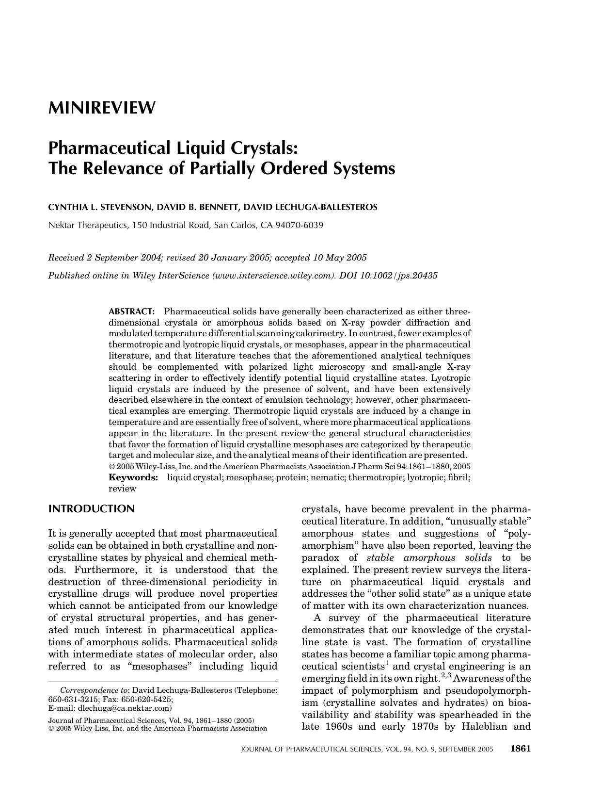 Pharmaceutical liquid crystals: The relevance of partially ordered systems by Unknown