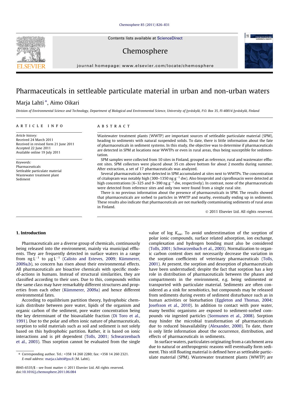 Pharmaceuticals in settleable particulate material in urban and non-urban waters by Marja Lahti & Aimo Oikari