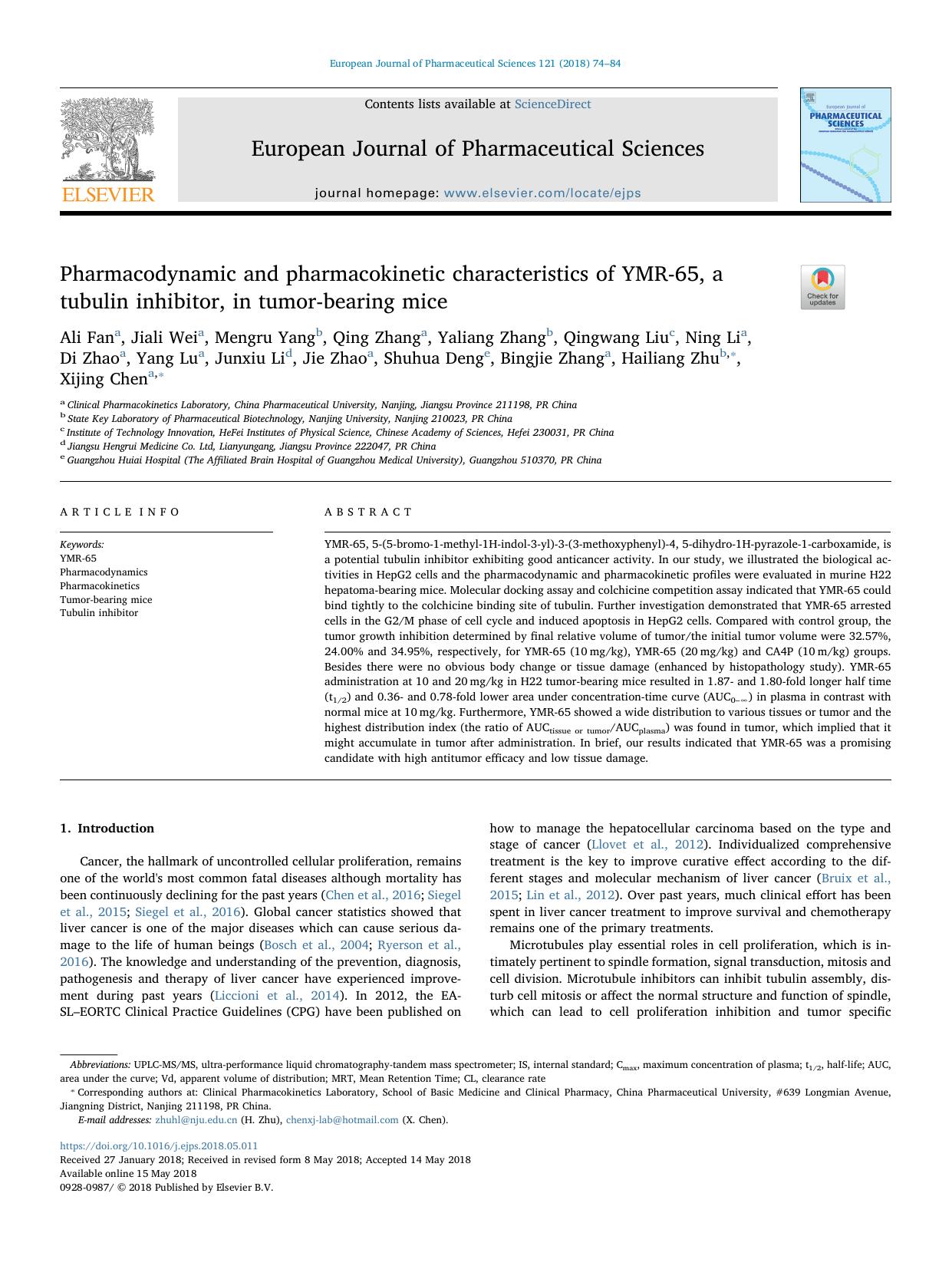 Pharmacodynamic and pharmacokinetic characteristics of YMR-65, a tubulin inhibitor, in tumor-bearing mice by unknow
