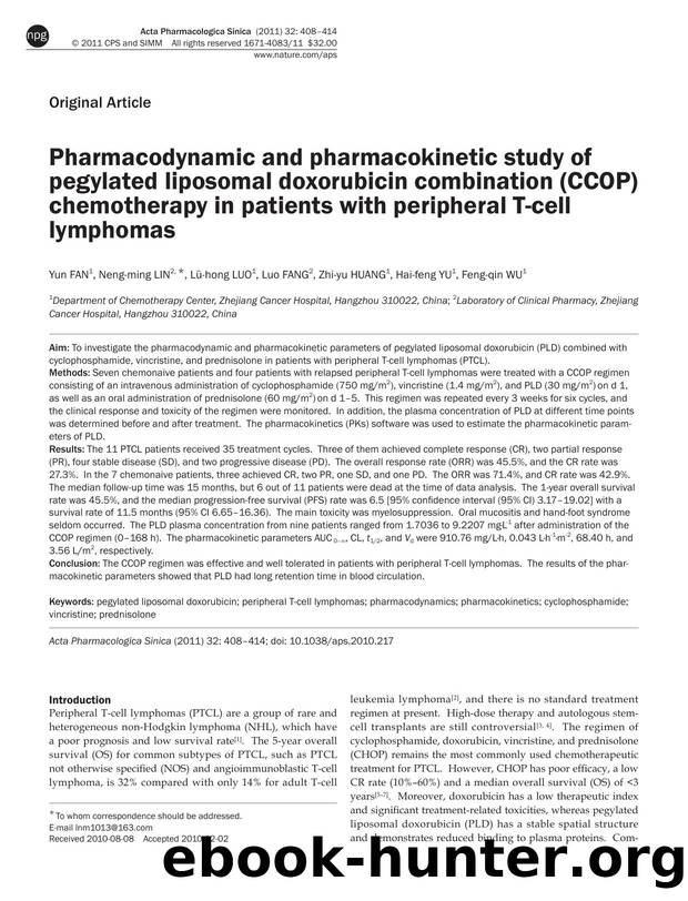 Pharmacodynamic and pharmacokinetic study of pegylated liposomal doxorubicin combination (CCOP) chemotherapy in patients with peripheral T-cell lymphomas by Yun Fan & Neng-ming Lin & Lü-hong Luo & Luo Fang & Zhi-yu Huang & Hai-feng Yu & Feng-qin Wu
