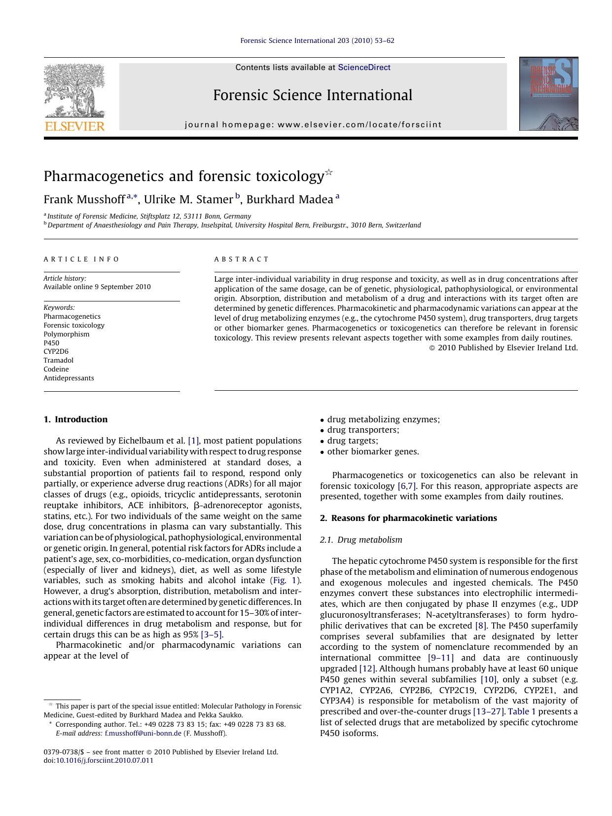 Pharmacogenetics and forensic toxicology by Frank Musshoff