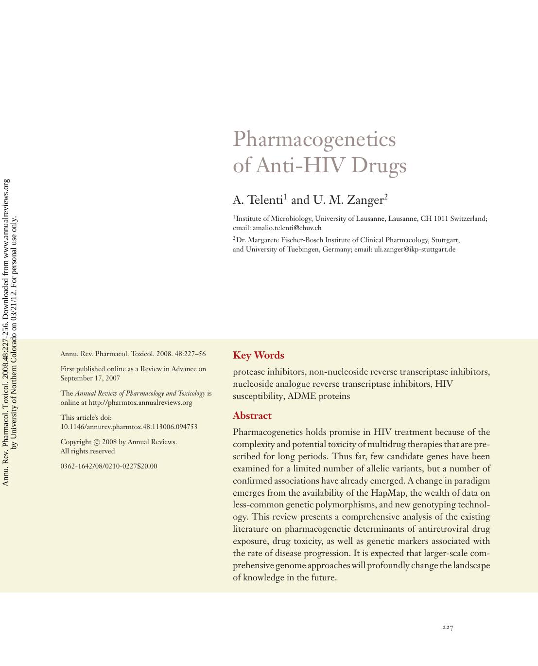 Pharmacogenetics of Anti-HIV Drugs by A. Telenti & U. M. Zanger