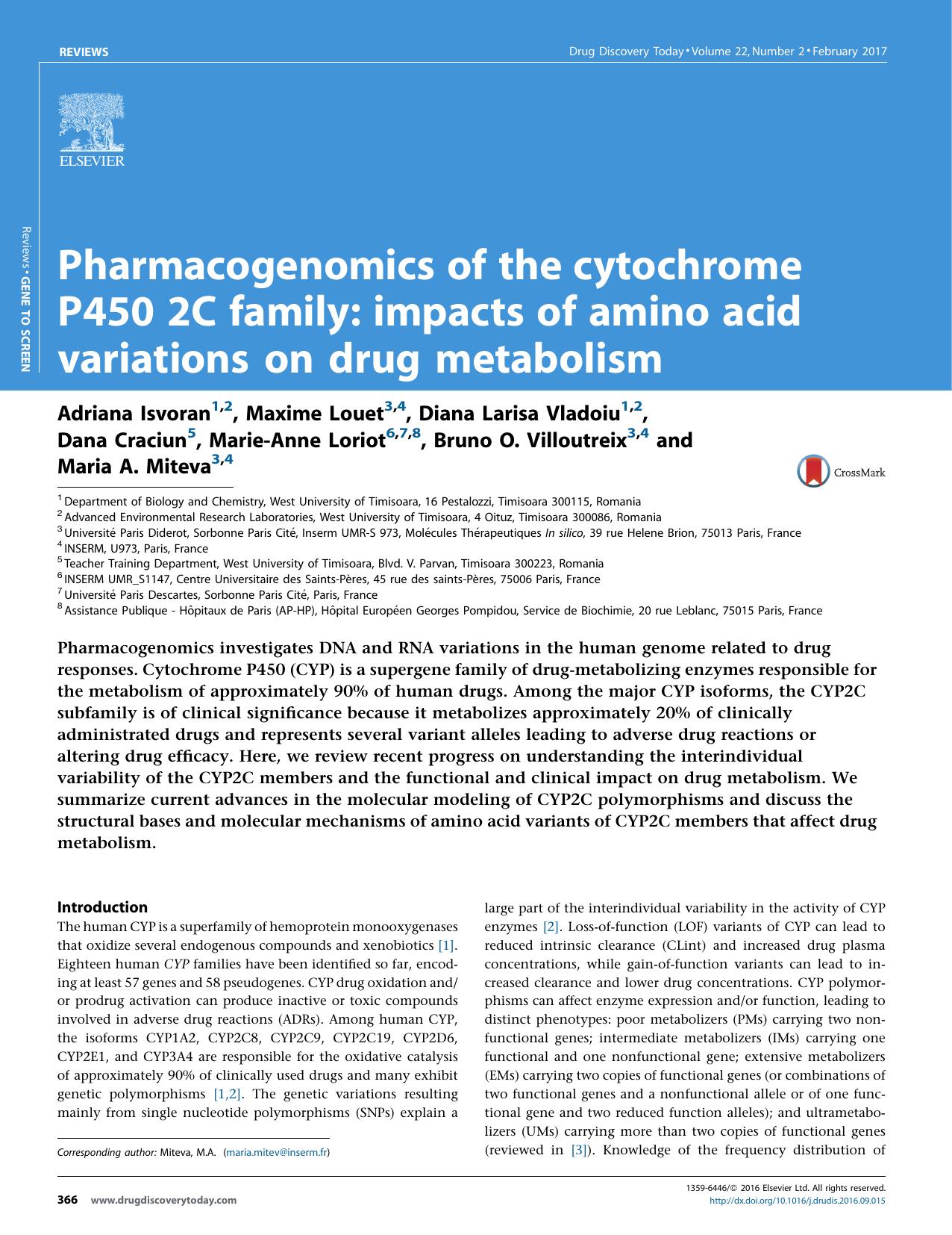 Pharmacogenomics of the cytochrome P450 2C family: impacts of amino acid variations on drug metabolism by unknow