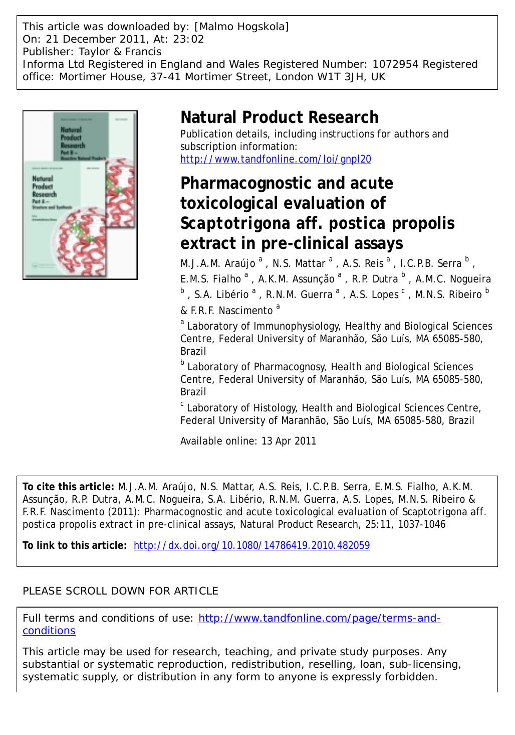 Pharmacognostic and acute toxicological evaluation of Scaptotrigona aff. postica propolis extract in pre-clinical assays by unknow