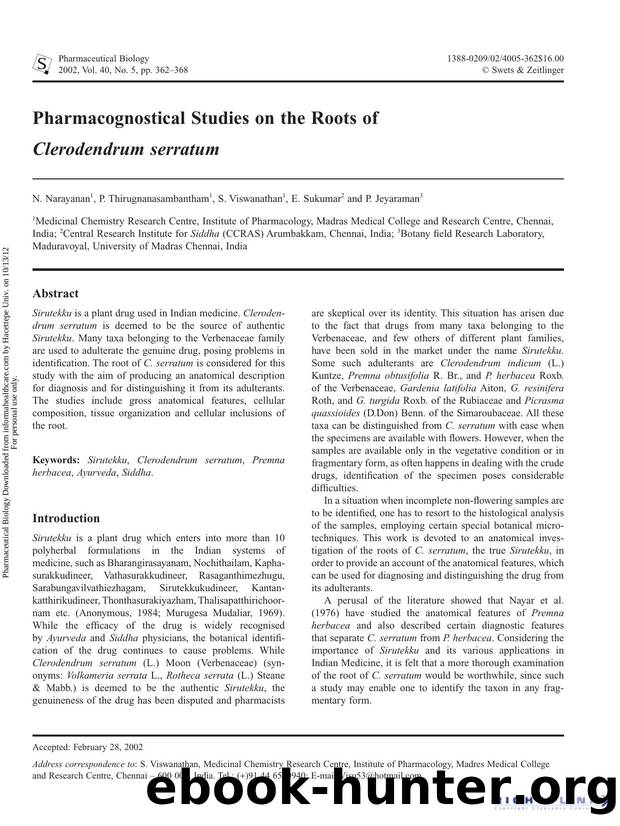 Pharmacognostical Studies on the Roots of Clerodendrum serratum by N. Narayanan P. Thirugnanasambantham S. Viswanathan E. Sukumar & P. Jeyaraman