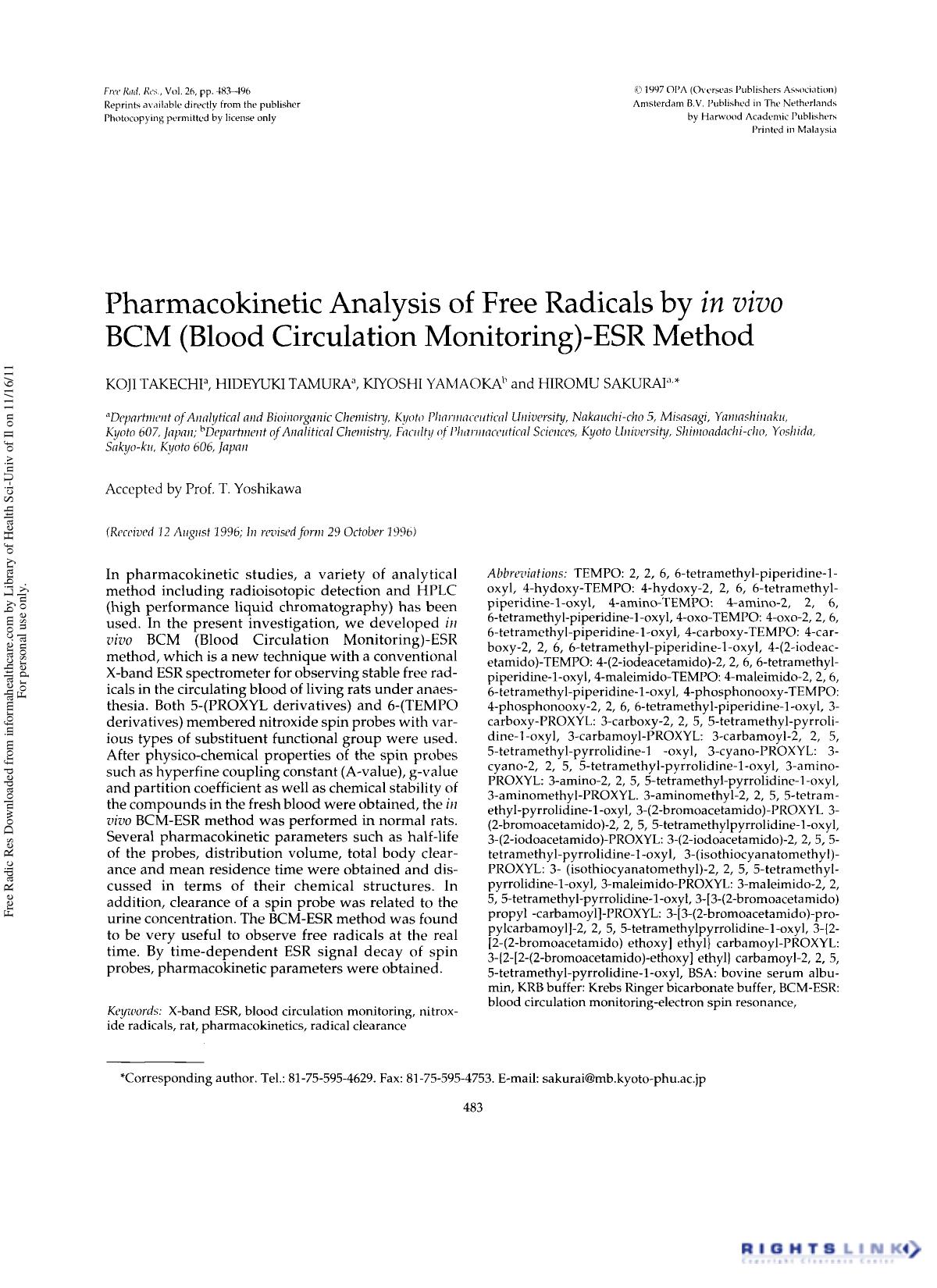 Pharmacokinetic Analysis of Free Radicals by in vivo BCM (Blood Circulation Monitoring)-ESR Method by Koji Takechi1 Hideyuki Tamura1 Kiyoshi Yamaoka2 & Hiromu Sakurat1†