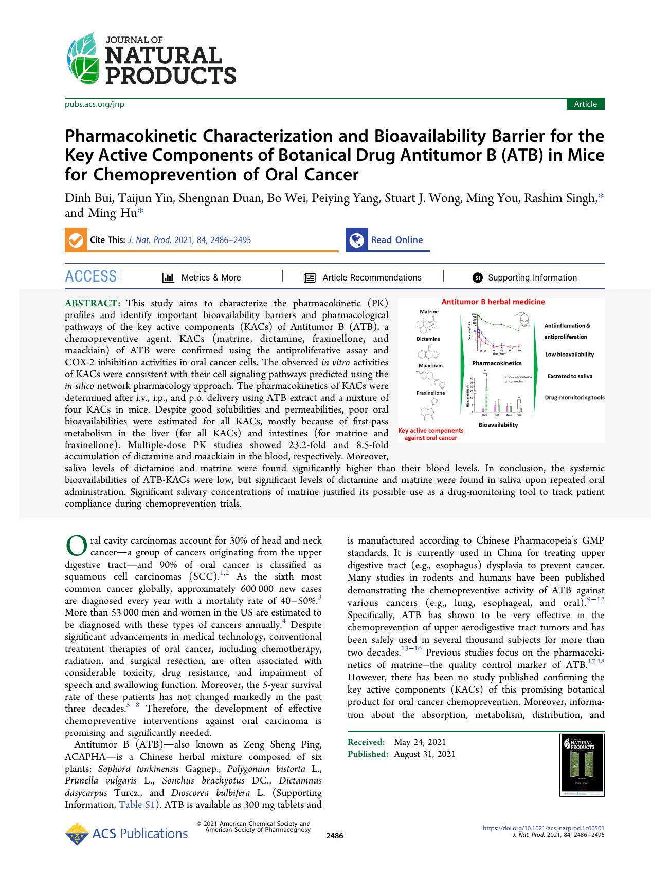 Pharmacokinetic Characterization and Bioavailability Barrier for the Key Active Components of Botanical Drug Antitumor B (ATB) in Mice for Chemoprevention of Oral Cancer by unknow