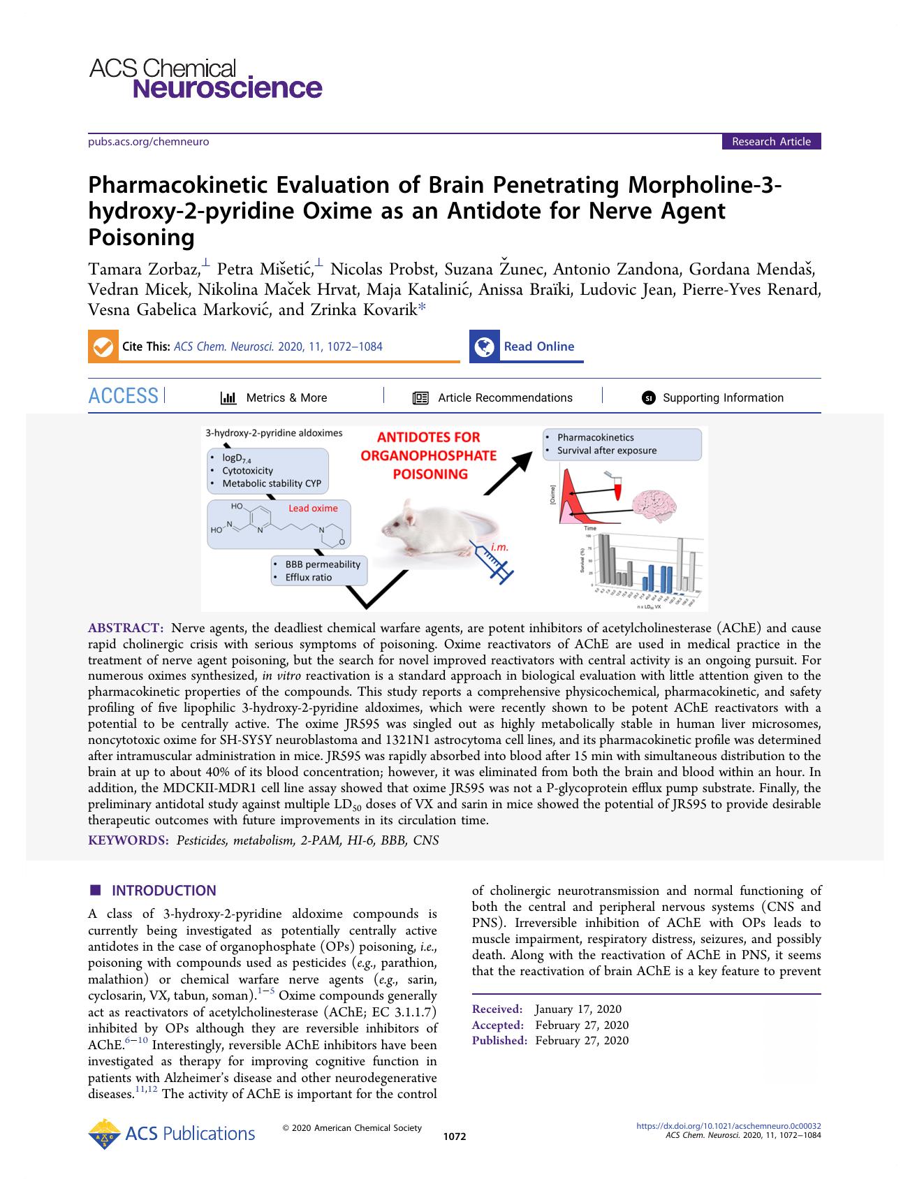 Pharmacokinetic Evaluation of Brain Penetrating Morpholine-3-hydroxy-2-pyridine Oxime as an Antidote for Nerve Agent Poisoning by unknow