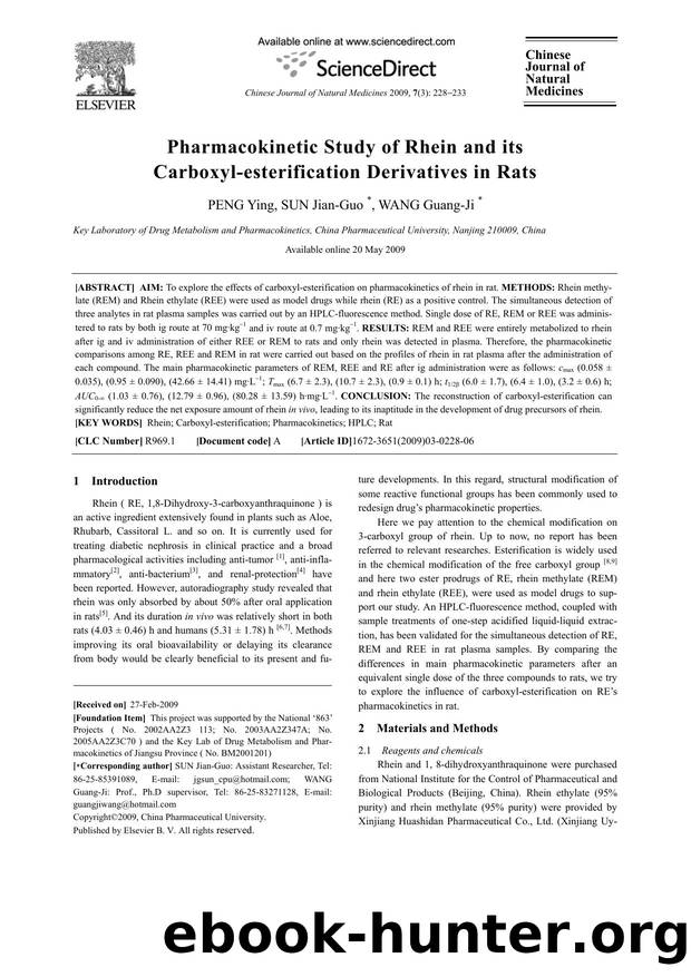 Pharmacokinetic Study of Rhein and its Carboxyl-esterification Derivatives in Rats by Ying PENG; Jian-Guo SUN; Guang-Ji WANG
