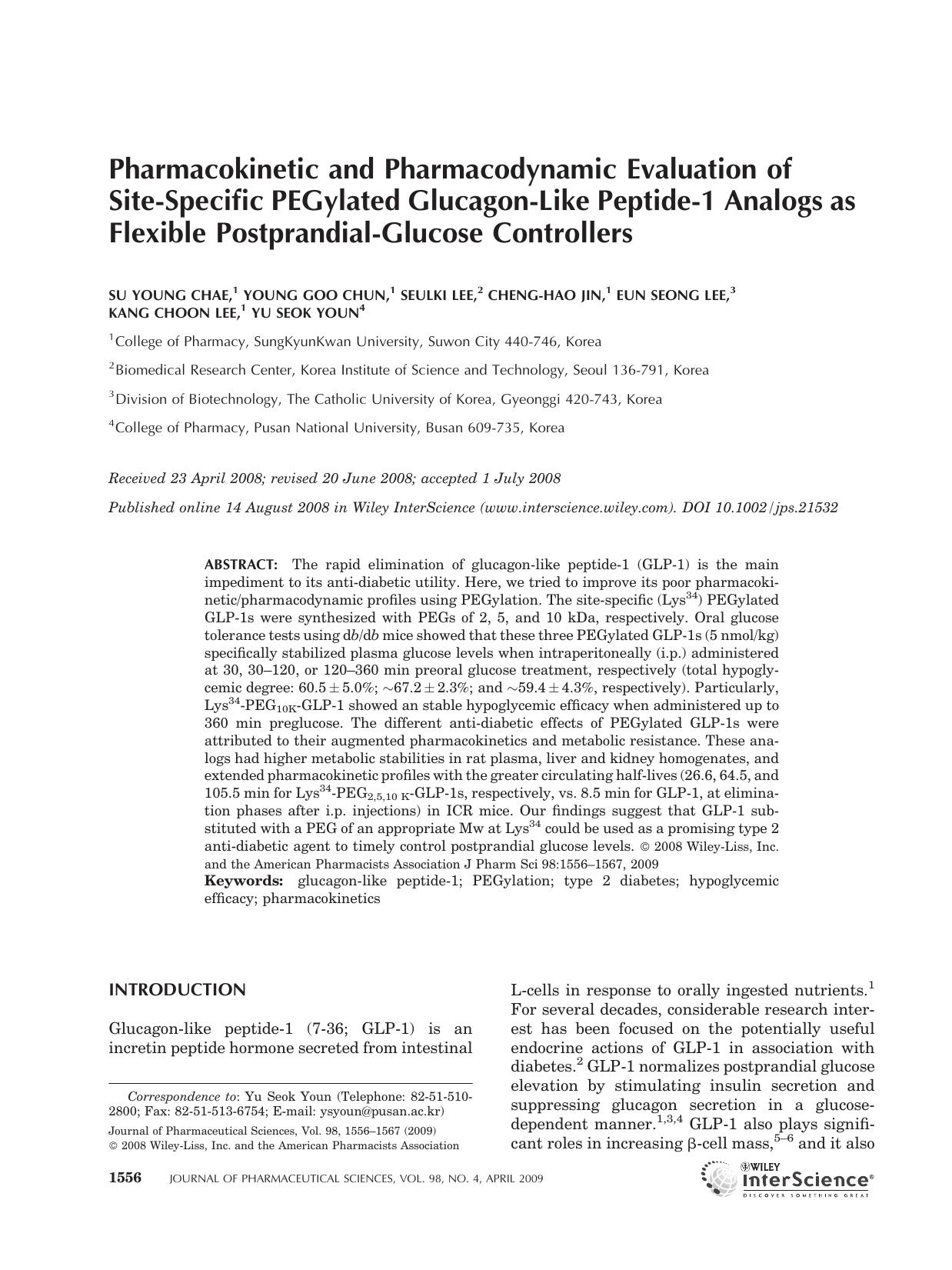 Pharmacokinetic and pharmacodynamic evaluation of site-specific PEGylated glucagon-like peptide-1 analogs as flexible postprandial-glucose controllers by Unknown