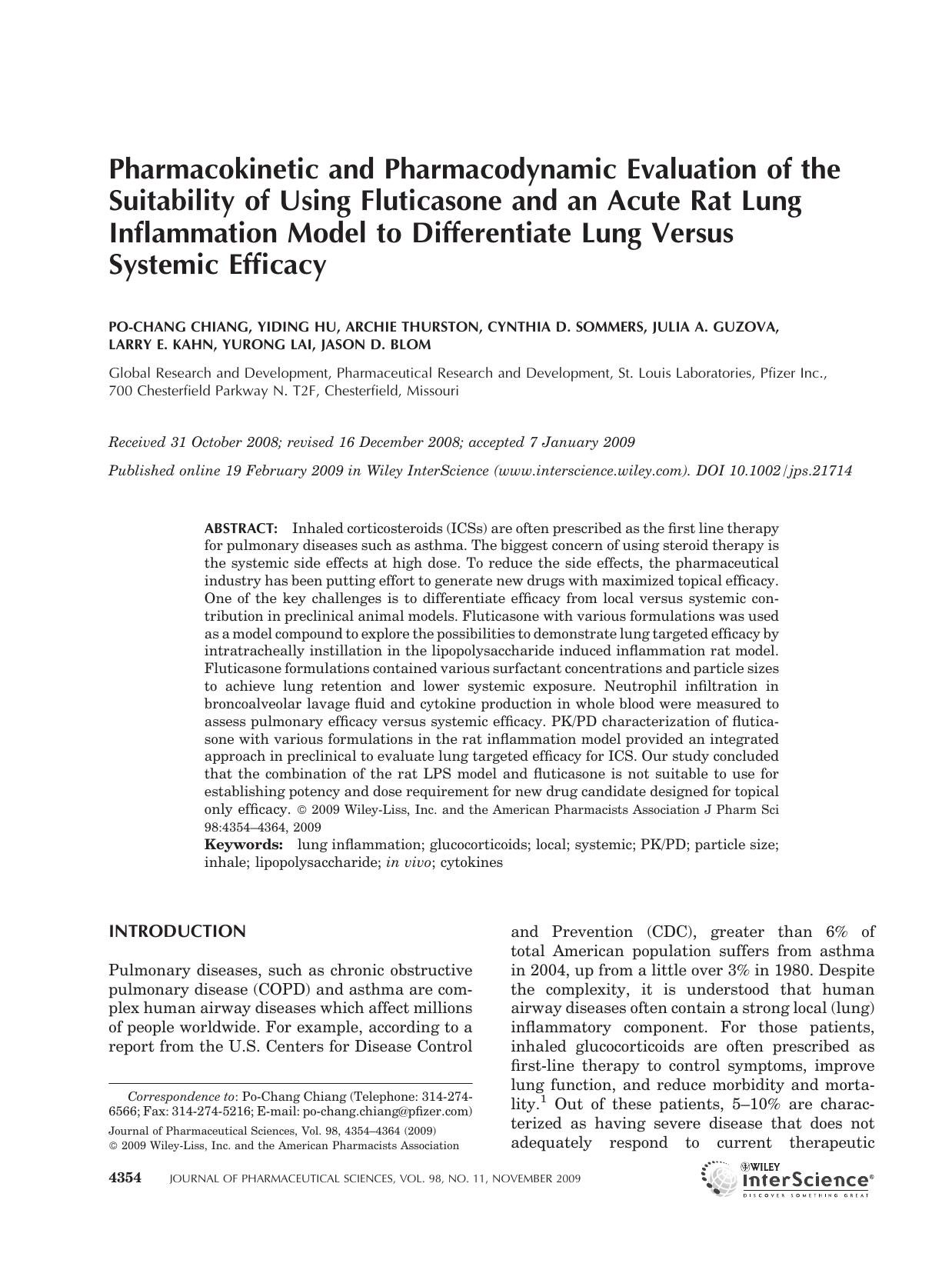 Pharmacokinetic and pharmacodynamic evaluation of the suitability of using fluticasone and an acute rat lung inflammation model to differentiate lung versus systemic efficacy by Unknown