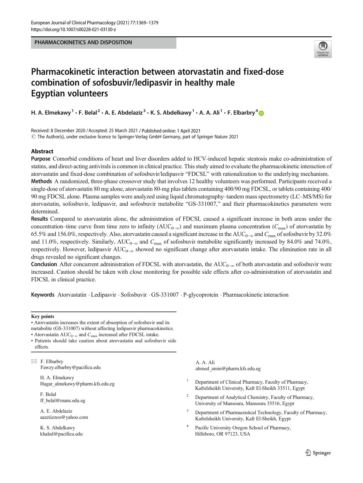 Pharmacokinetic interaction between atorvastatin and fixed-dose combination of sofosbuvirledipasvir in healthy male Egyptian volunteers by H. A. Elmekawy & F. Belal & A. E. Abdelaziz & K. S. Abdelkawy & A. A. Ali & F. Elbarbry