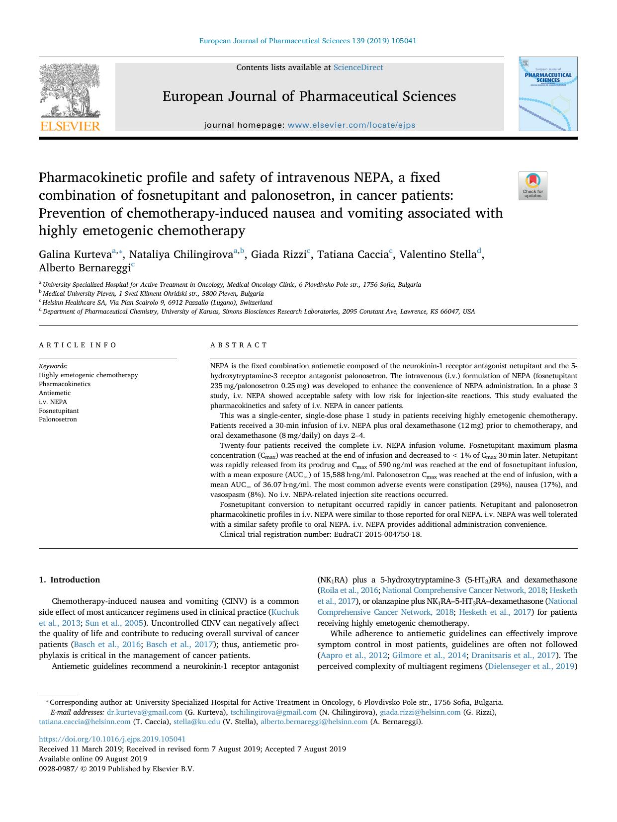 Pharmacokinetic profile and safety of intravenous NEPA, a fixed combination of fosnetupitant and palonosetron, in cancer patients_ Prevention of chemotherapy-induced nausea and vom by unknow