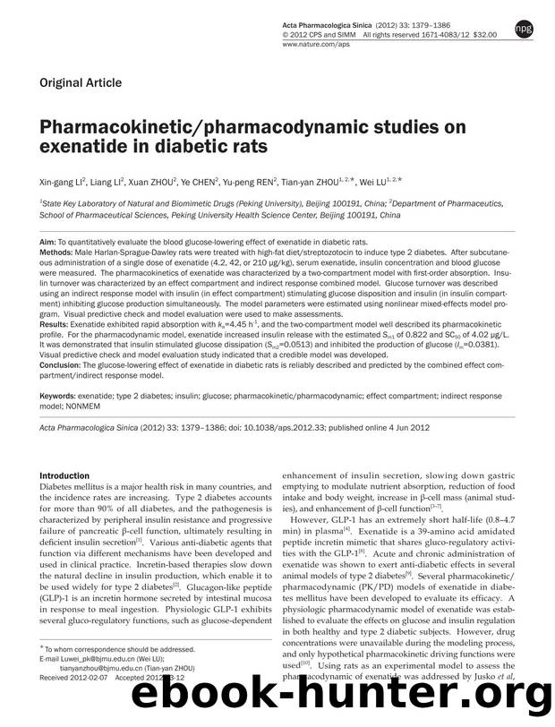 Pharmacokineticpharmacodynamic studies on exenatide in diabetic rats by Xin-gang Li & Liang Li & Xuan Zhou & Ye Chen & Yu-peng Ren & Tian-yan Zhou & Wei Lu
