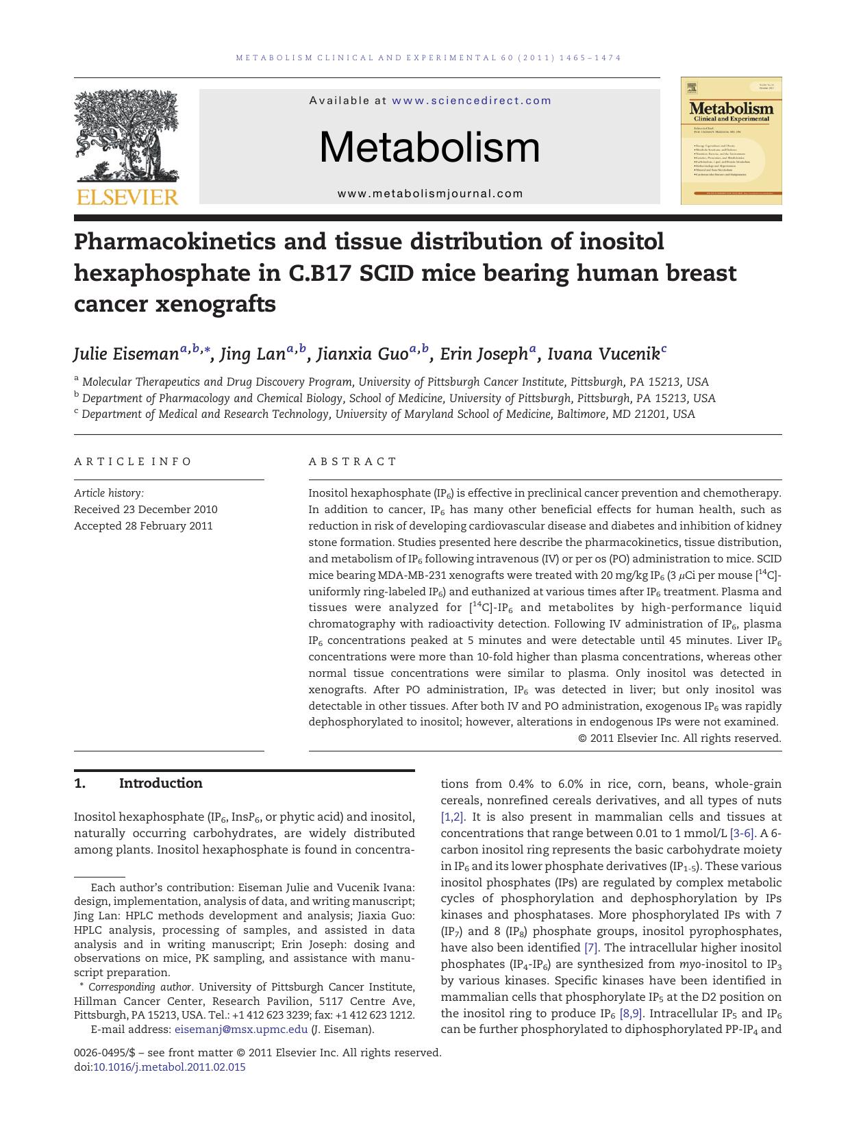 Pharmacokinetics and tissue distribution of inositol hexaphosphate in C.B17 SCID mice bearing human breast cancer xenografts by Julie Eiseman