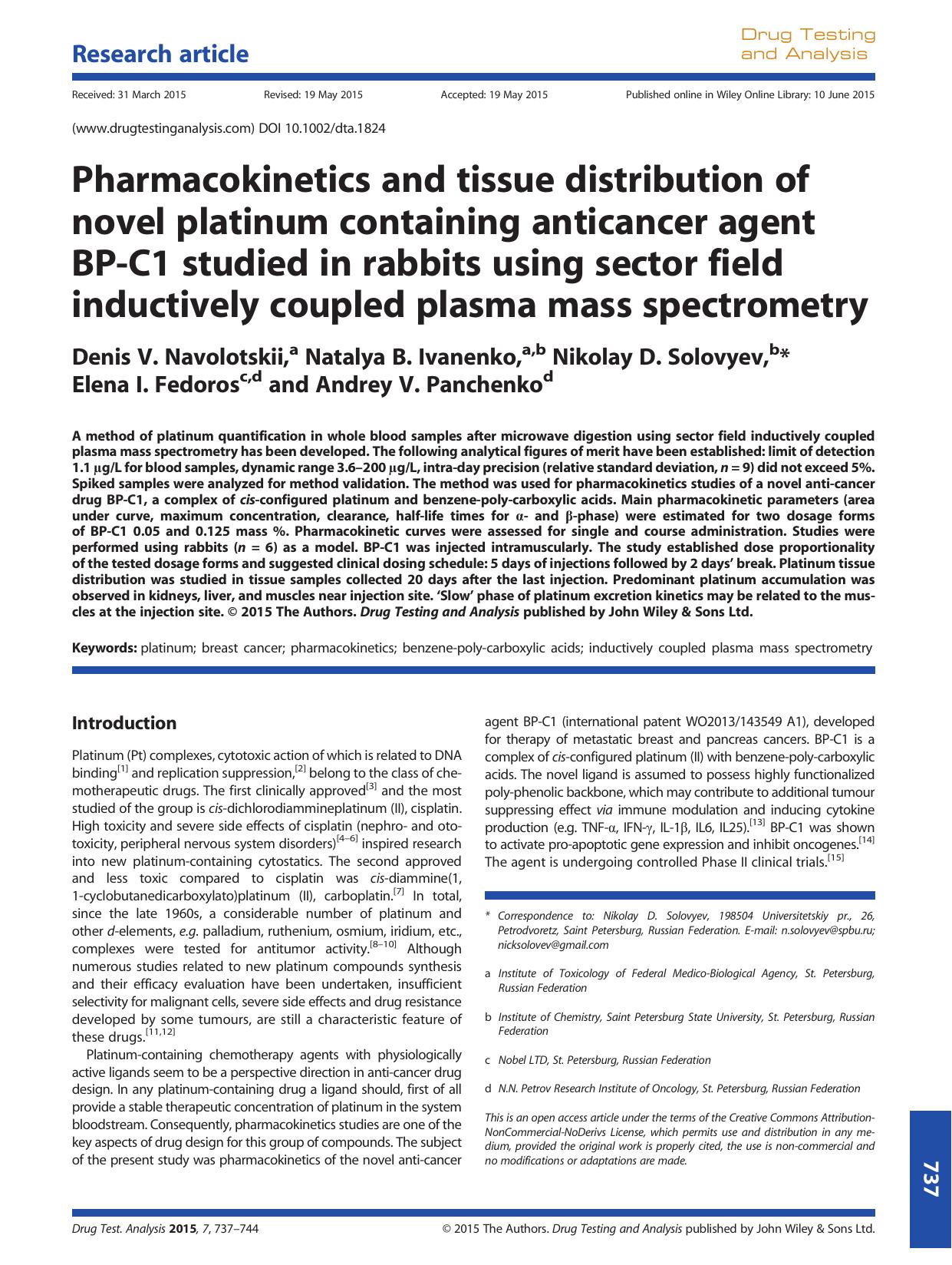 Pharmacokinetics and tissue distribution of novel platinum containing anticancer agent BP-C1 studied in rabbits using sector field inductively coupled plasma mass spectrometry by unknow