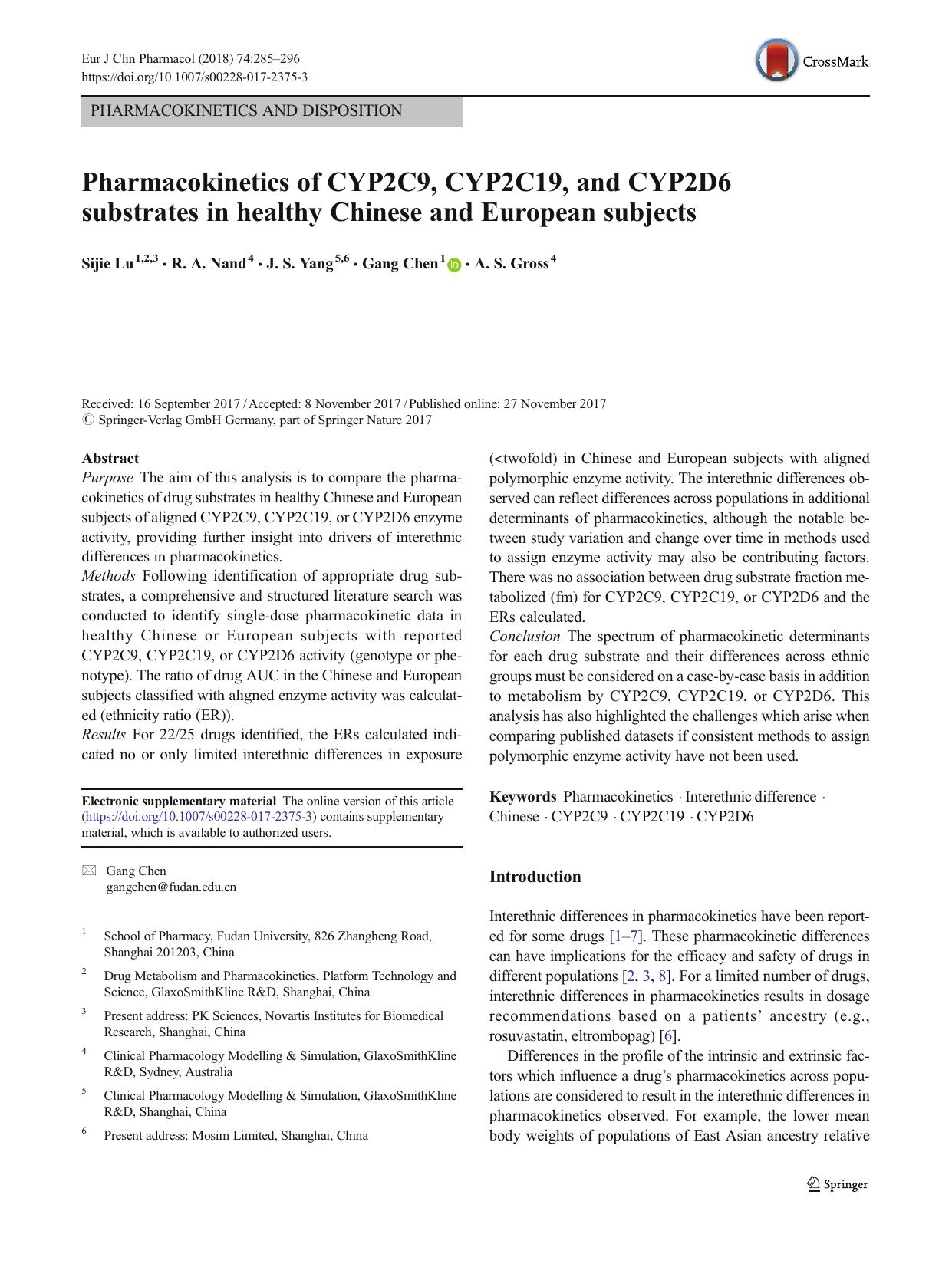 Pharmacokinetics of CYP2C9, CYP2C19, and CYP2D6 substrates in healthy Chinese and European subjects by Sijie Lu & R. A. Nand & J. S. Yang & Gang Chen & A. S. Gross