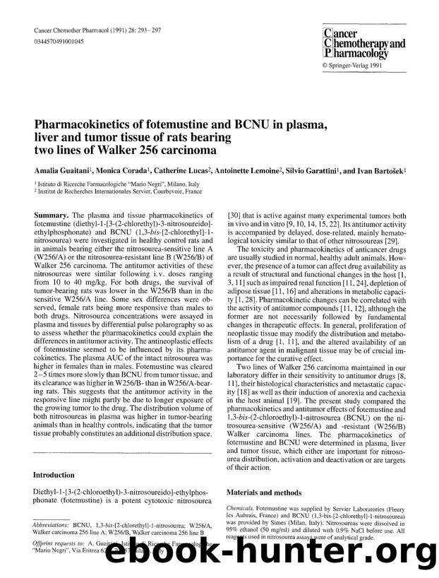 Pharmacokinetics of fotemustine and BCNU in plasma, liver and tumor tissue of rats bearing two lines of Walker 256 carcinoma by Unknown