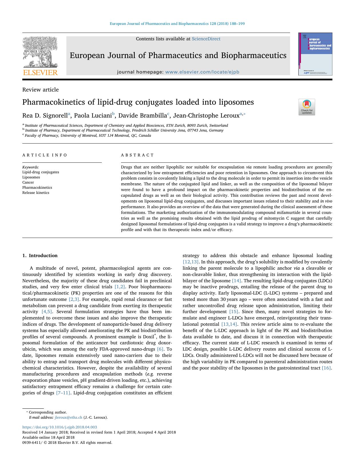 Pharmacokinetics of lipid-drug conjugates loaded into liposomes by Rea D. Signorell & Paola Luciani & Davide Brambilla & Jean-Christophe Leroux