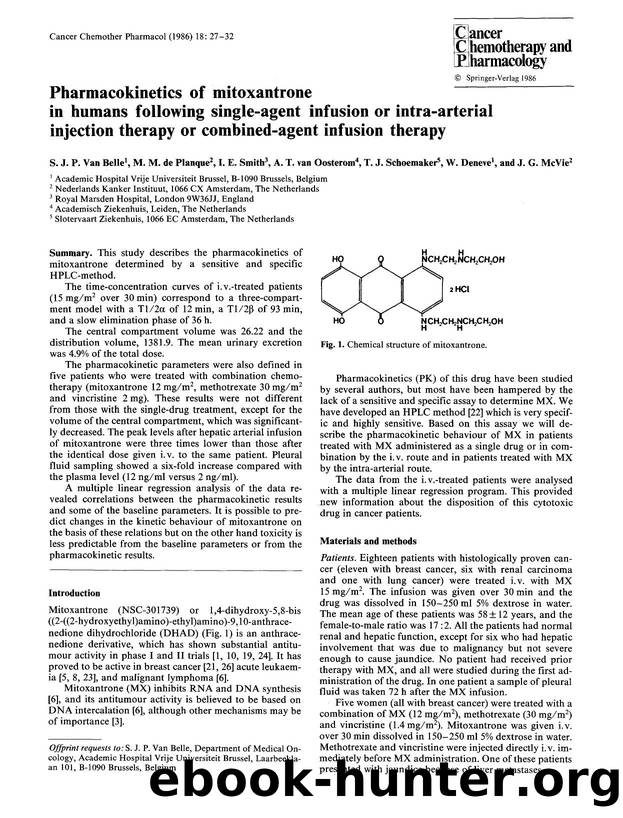 Pharmacokinetics of mitoxantrone in humans following single-agent infusion or intra-arterial injection therapy or combined-agent infusion therapy by Unknown