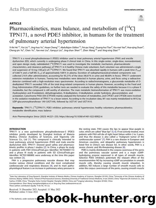 Pharmacokinetics, mass balance, and metabolism of [14C]TPN171, a novel PDE5 inhibitor, in humans for the treatment of pulmonary arterial hypertension by unknow
