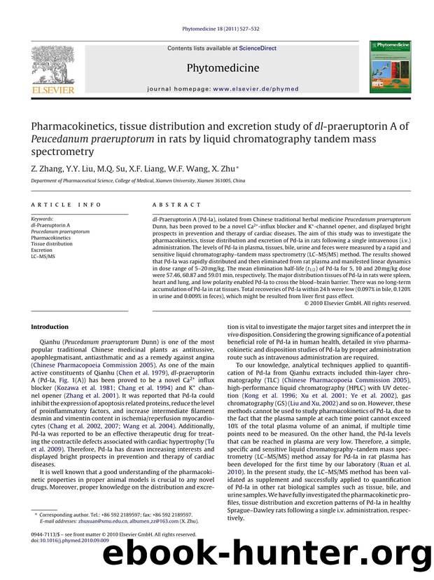 Pharmacokinetics, tissue distribution and excretion study of dl-praeruptorin A of Peucedanum praeruptorum in rats by liquid chromatography tandem mass spectrometry by Z. Zhang