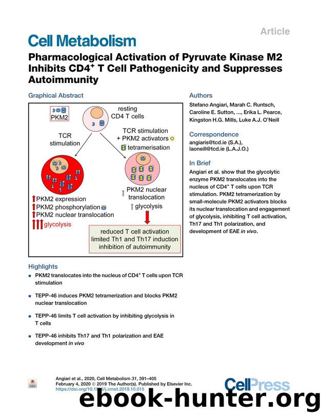 Pharmacological Activation of Pyruvate Kinase M2 Inhibits CD4&#x002B; T Cell Pathogenicity and Suppresses Autoimmunity by unknow