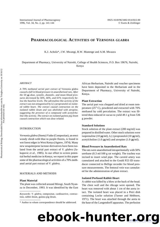 Pharmacological Activities of Vernonia glabra by K J Achola J W Mwangi R W Munenge & A M Mwaura