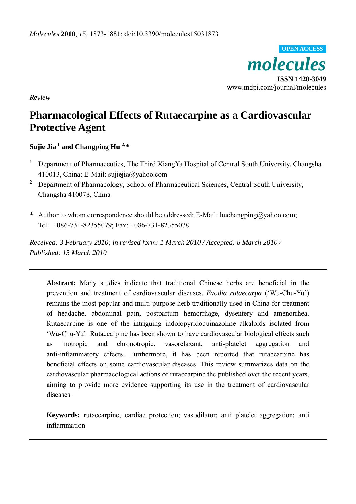 Pharmacological Effects of Rutaecarpine as a Cardiovascular Protective Agent by Sujie Jia & Changping Hu