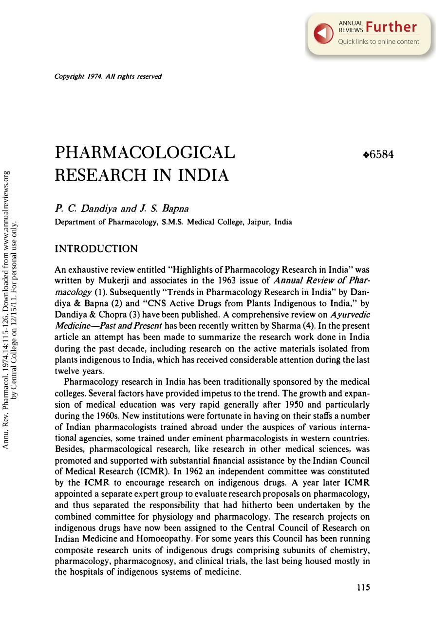 Pharmacological Research in India by P C Dandiya & J S Bapna