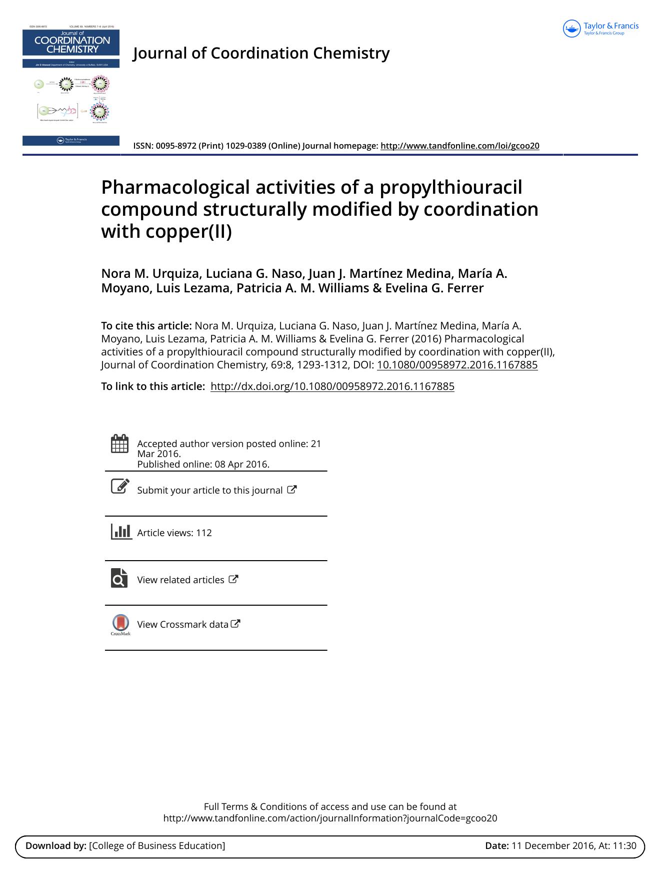 Pharmacological activities of a propylthiouracil compound structurally modified by coordination with copper(II) by unknow