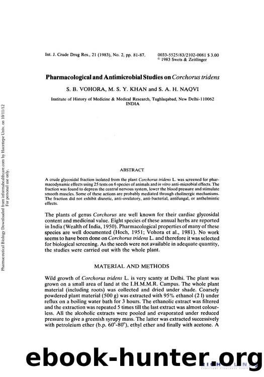 Pharmacological and Antimicrobial Studies on Corchorus tridens by S. B. Vohora M. S. Y. Khan & S. A. H. Naqvi