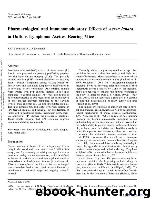 Pharmacological and Immunomodulatory Effects of Aerva lanata. in Daltons Lymphoma AscitesâBearing Mice by K.G. Nevin & P.L. Vijayammal
